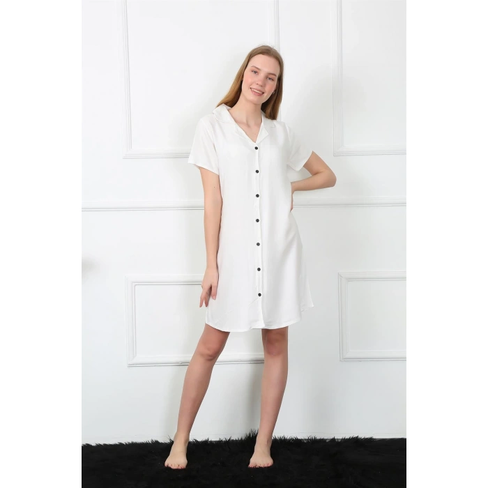 Moda Çizgi Kadın Dokuma Kumaş Önden Düğmeli Beyaz Tunik Gecelik 1031