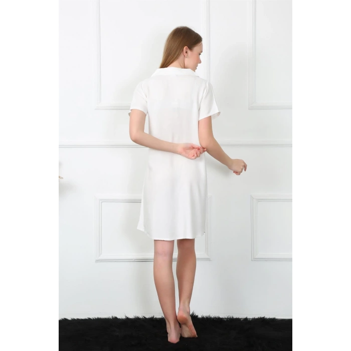 Moda Çizgi Kadın Dokuma Kumaş Önden Düğmeli Beyaz Tunik Gecelik 1031