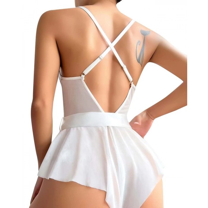Moda Çizgi Kadın Fantezi Babydoll Dantel Gecelik T001 Beyaz