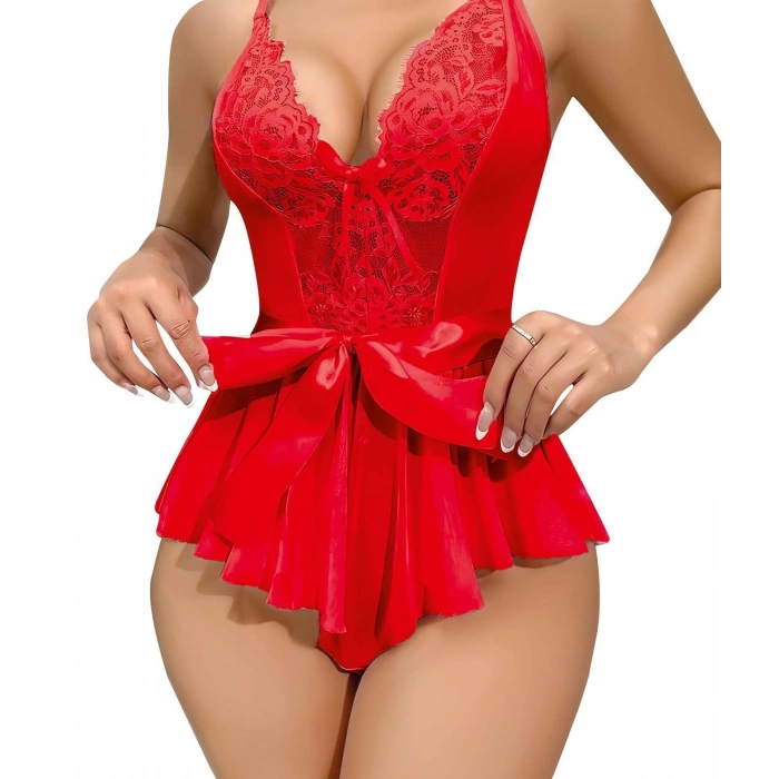 Moda Çizgi Kadın Fantezi Babydoll Dantel Gecelik T001 Kırmızı