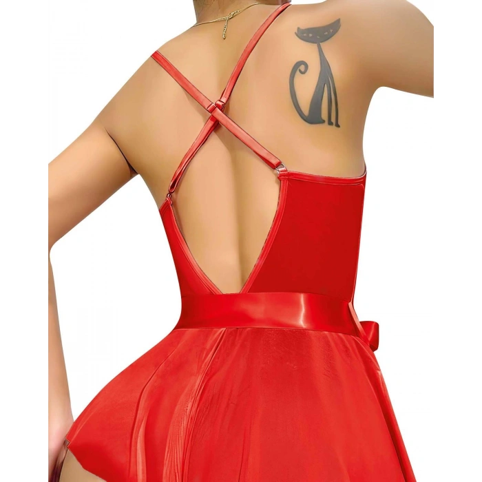 Moda Çizgi Kadın Fantezi Babydoll Dantel Gecelik T001 Kırmızı