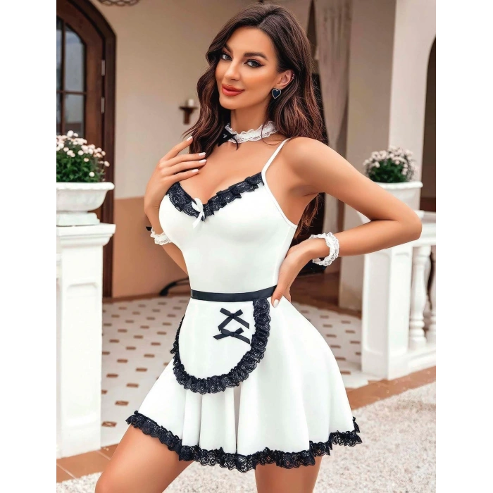 Moda Çizgi Kadın Fantezi Kostüm Takım Beyaz K1759