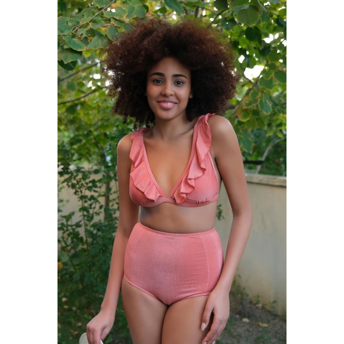 Moda Çizgi Kadın Fırfırlı Yüksek Bel Kiremit Alt Üst Bikini Takım 35010