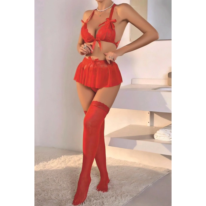 Moda Çizgi Kadın Fiyonklu Faztazi Kırmızı Gecelik Takım K1001