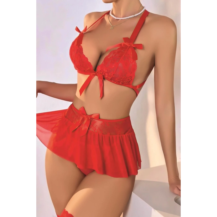 Moda Çizgi Kadın Fiyonklu Faztazi Kırmızı Gecelik Takım K1001