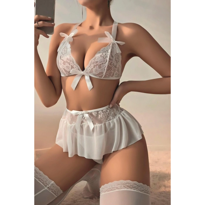 Moda Çizgi Kadın Fiyonklu Faztezi Beyaz Gecelik Takım K1001