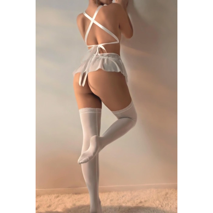 Moda Çizgi Kadın Fiyonklu Faztezi Beyaz Gecelik Takım K1001