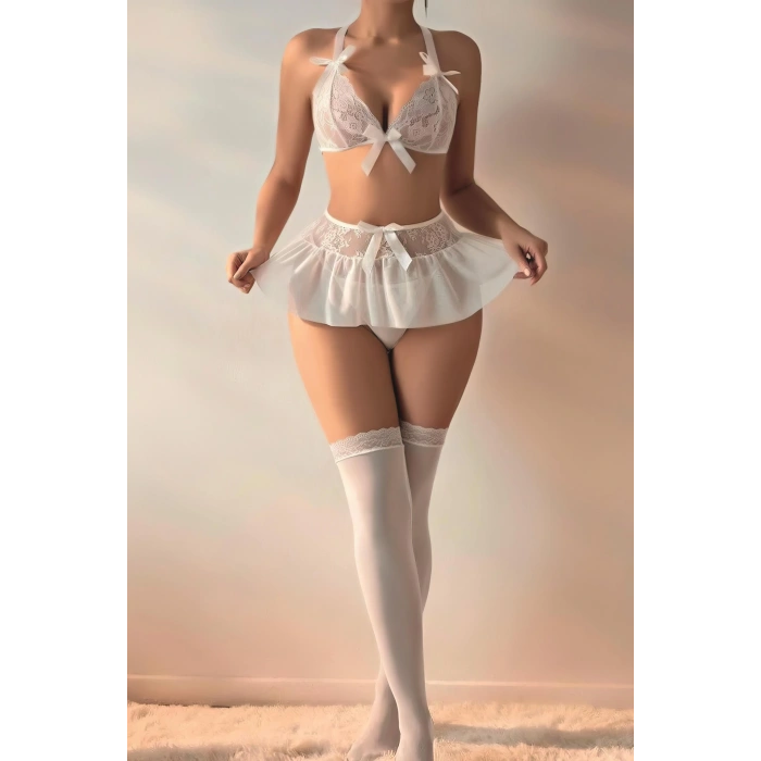 Moda Çizgi Kadın Fiyonklu Faztezi Beyaz Gecelik Takım K1001