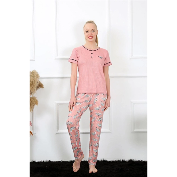 Moda Çizgi Kadın Gül Kurusu Kısa Kol Pijama Takım 20388