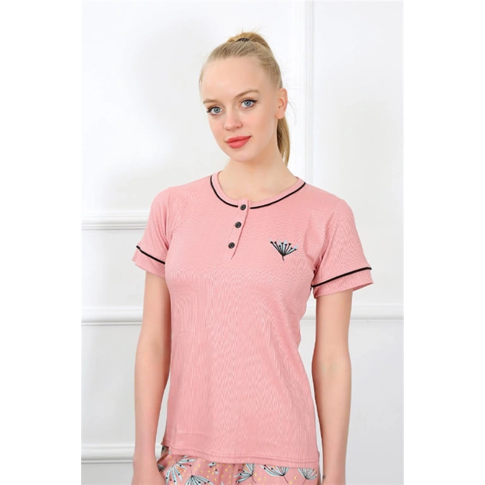 Moda Çizgi Kadın Gül Kurusu Kısa Kol Pijama Takım 20388