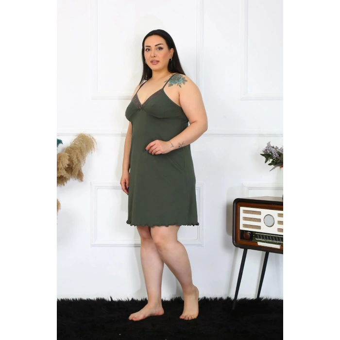 Moda Çizgi Kadın Haki Pamuklu İp Askılı Büyük Beden Gecelik 985