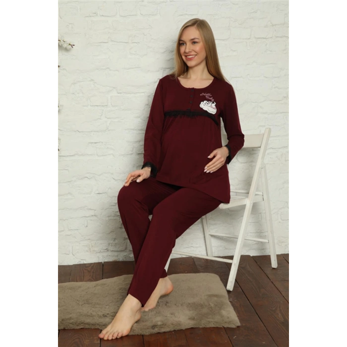Moda Çizgi Kadın Hamile Lohusa Bordo Pijama Takımı 45201