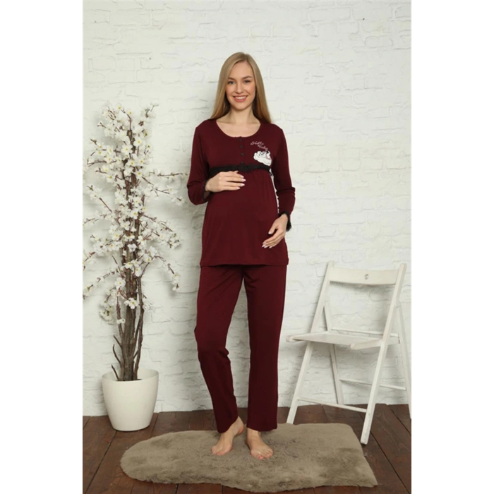 Moda Çizgi Kadın Hamile Lohusa Bordo Pijama Takımı 45201