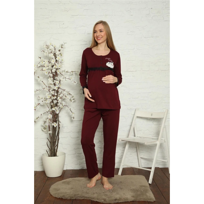 Moda Çizgi Kadın Hamile Lohusa Bordo Pijama Takımı 45201
