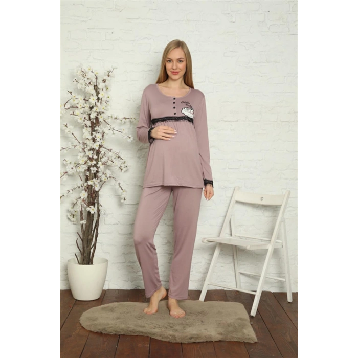 Moda Çizgi Kadın Hamile Lohusa Gül Kurusu Pijama Takımı 45201