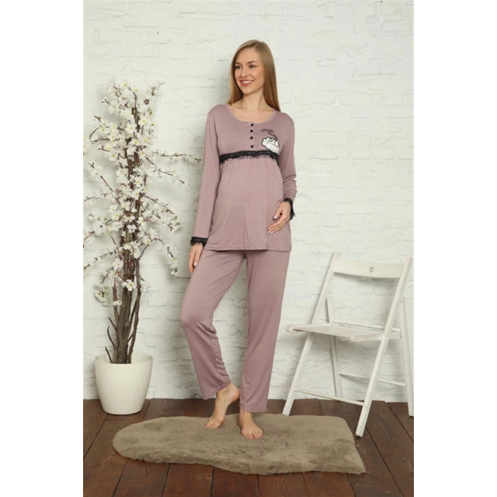 Moda Çizgi Kadın Hamile Lohusa Gül Kurusu Pijama Takımı 45201