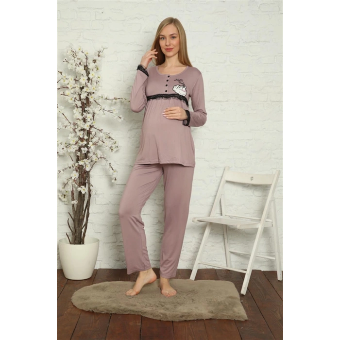 Moda Çizgi Kadın Hamile Lohusa Gül Kurusu Pijama Takımı 45201