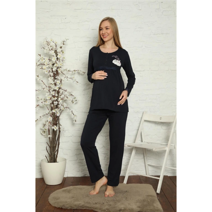 Moda Çizgi Kadın Hamile Lohusa Lacivert  Pijama Takımı 45201