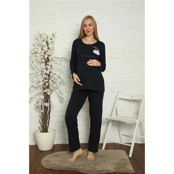 Moda Çizgi Kadın Hamile Lohusa Lacivert  Pijama Takımı 45201