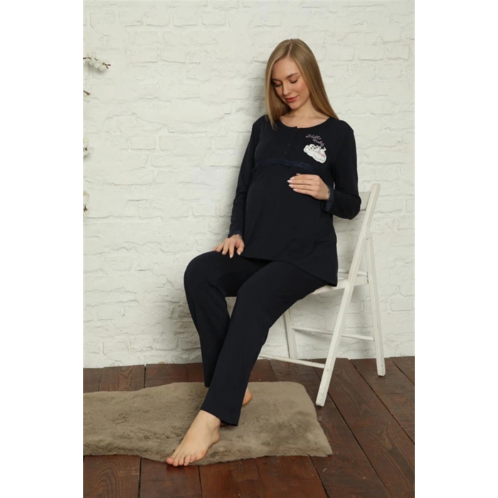 Moda Çizgi Kadın Hamile Lohusa Lacivert  Pijama Takımı 45201