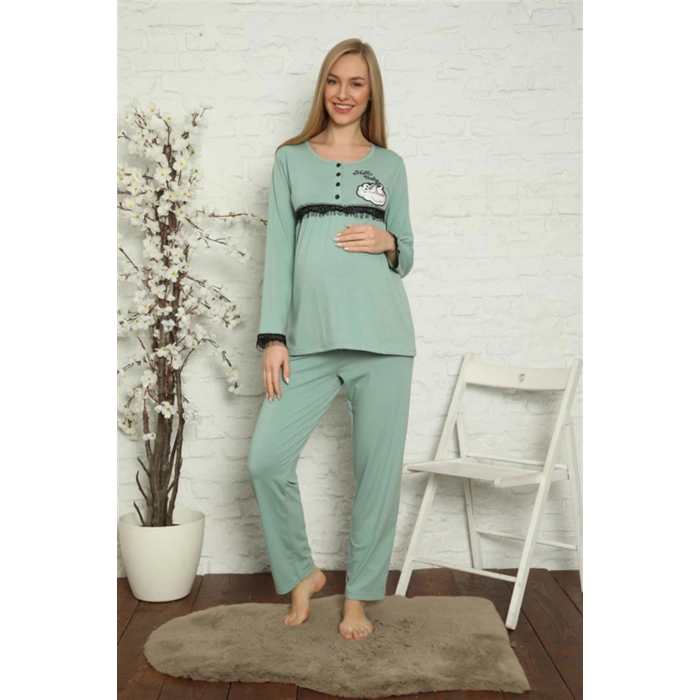 Moda Çizgi Kadın Hamile Lohusa Su Yeşili  Pijama Takımı 45201