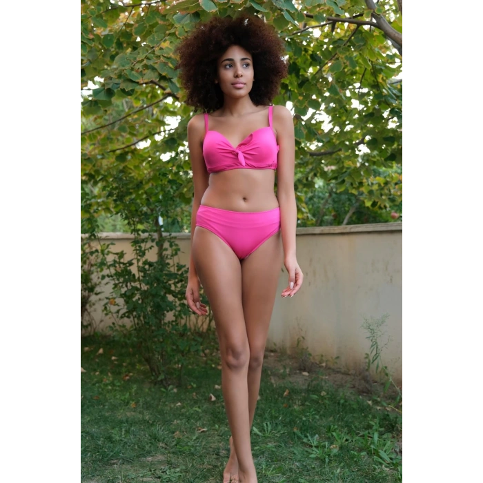 Moda Çizgi Kadın İçi Boş Fiyonklu Kaplı Fuşya Alt Üst Bikini Takım 35011