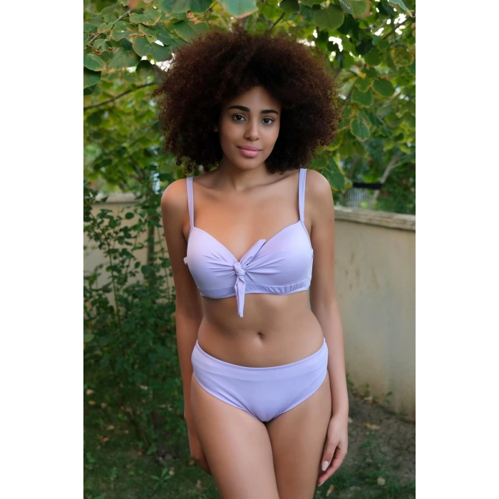 Moda Çizgi Kadın İçi Boş Fiyonklu Kaplı Lila Alt Üst Bikini Takım 35011