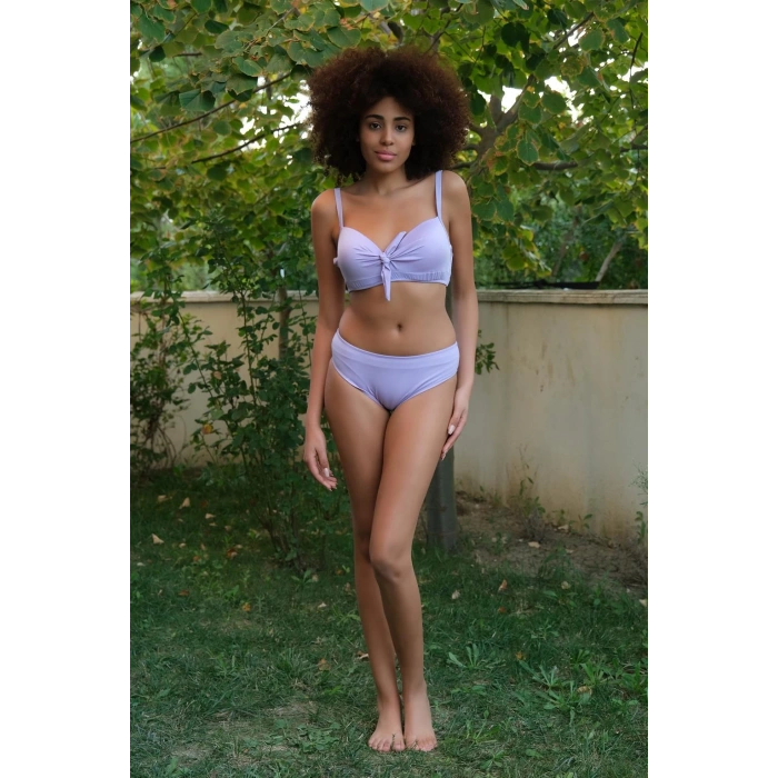Moda Çizgi Kadın İçi Boş Fiyonklu Kaplı Lila Alt Üst Bikini Takım 35011