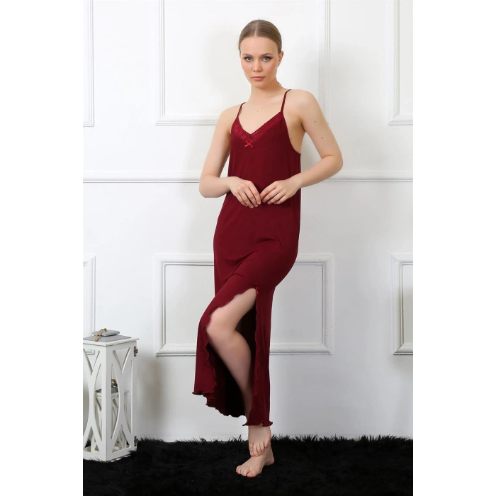 Moda Çizgi Kadın İp Askılı Bordo Uzun Gecelik 901
