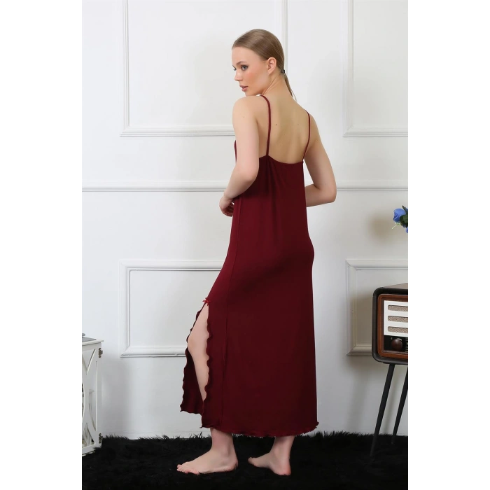 Moda Çizgi Kadın İp Askılı Bordo Uzun Gecelik 901