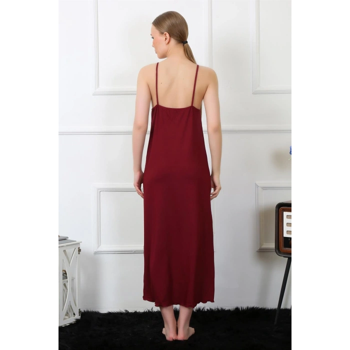 Moda Çizgi Kadın İp Askılı Bordo Uzun Gecelik 901