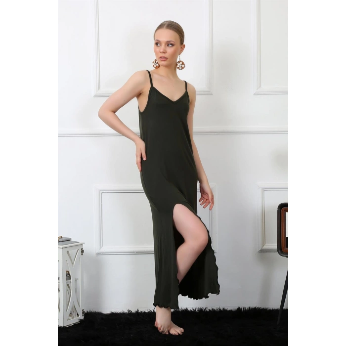 Moda Çizgi Kadın İp Askılı Haki Uzun Gecelik 901