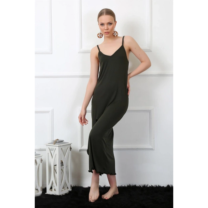 Moda Çizgi Kadın İp Askılı Haki Uzun Gecelik 901