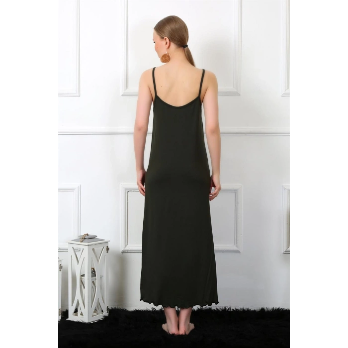 Moda Çizgi Kadın İp Askılı Haki Uzun Gecelik 901