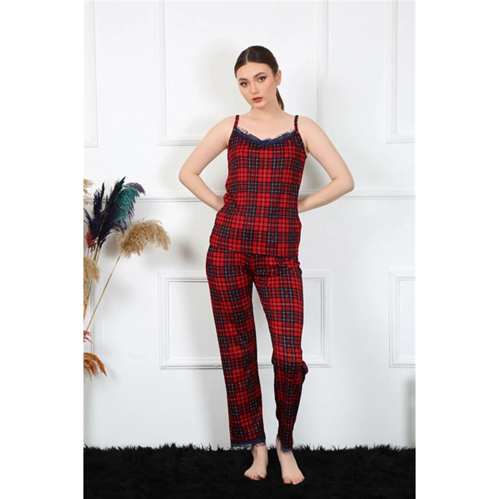 Moda Çizgi Kadın İp Askılı Kırmızı Ekoseli Pijama Takım 4135