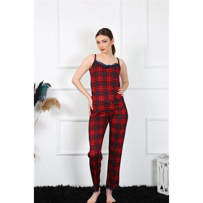 Moda Çizgi Kadın İp Askılı Kırmızı Ekoseli Pijama Takım 4135