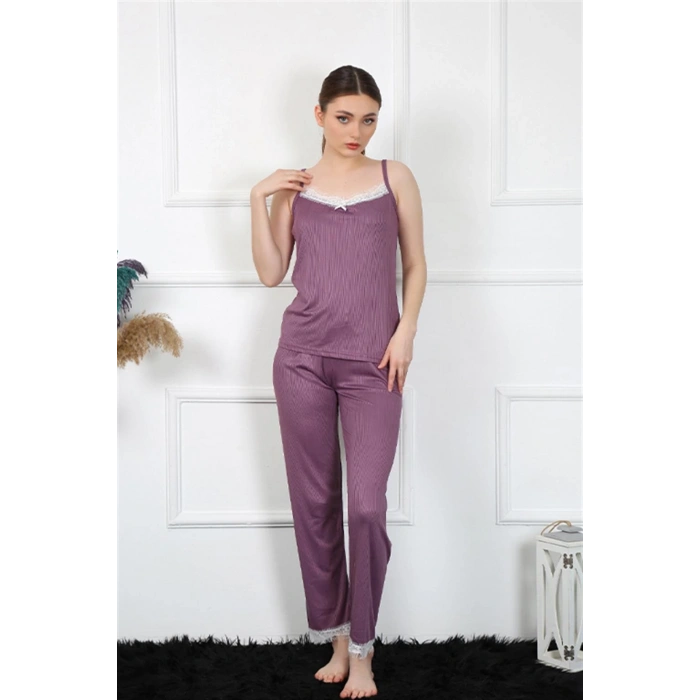 Moda Çizgi Kadın İp Askılı Mürdüm Pijama Takım 4136