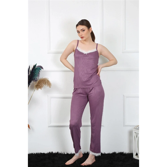 Moda Çizgi Kadın İp Askılı Mürdüm Pijama Takım 4136