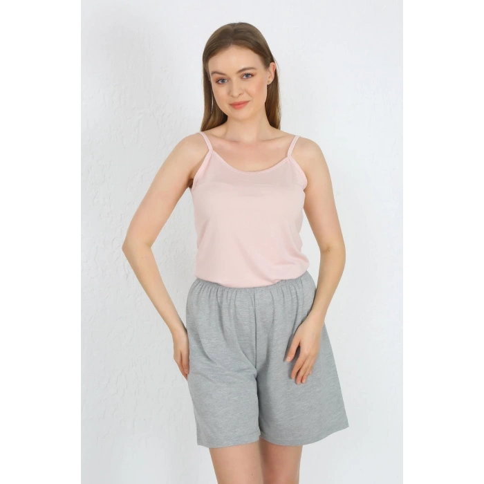 Moda Çizgi Kadın İp Askılı Pamuk Penye Şortlu Takım Pudra 3619