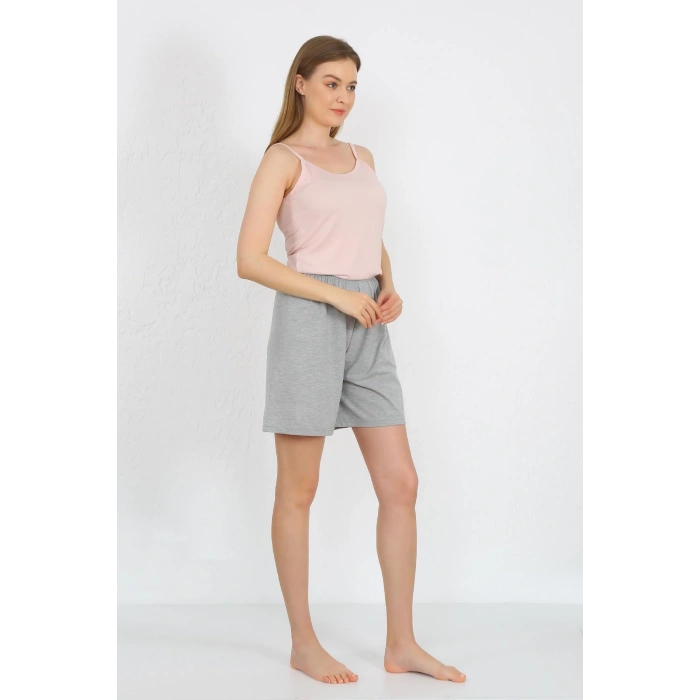 Moda Çizgi Kadın İp Askılı Pamuk Penye Şortlu Takım Pudra 3619