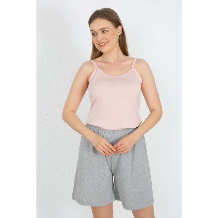Moda Çizgi Kadın İp Askılı Pamuk Penye Şortlu Takım Pudra 3619