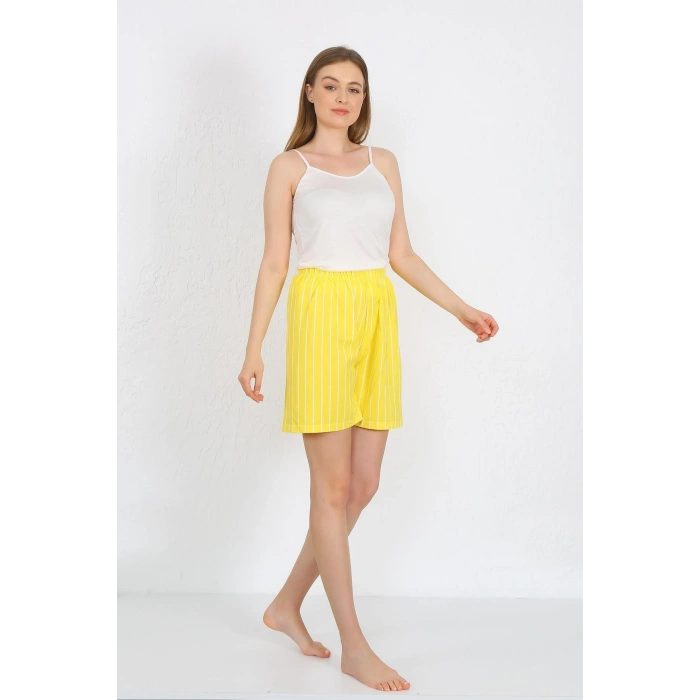 Moda Çizgi Kadın İp Askılı Pamuk Penye Şortlu Takım Sarı 3620