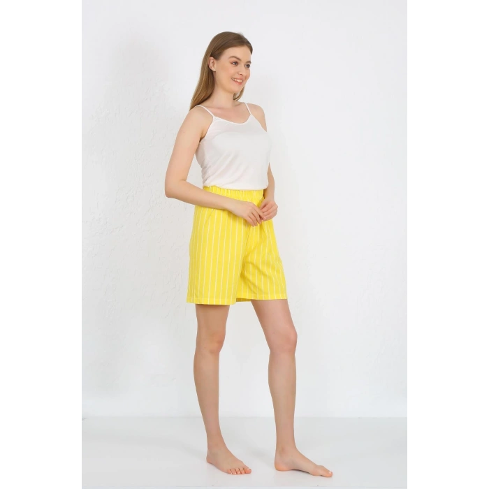 Moda Çizgi Kadın İp Askılı Pamuk Penye Şortlu Takım Sarı 3620