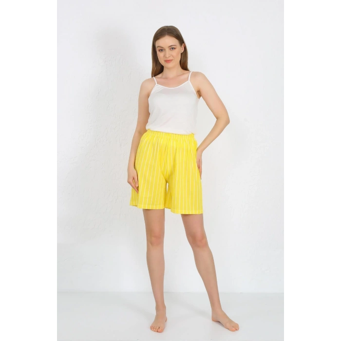 Moda Çizgi Kadın İp Askılı Pamuk Penye Şortlu Takım Sarı 3620