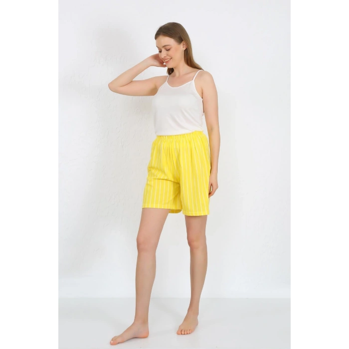Moda Çizgi Kadın İp Askılı Pamuk Penye Şortlu Takım Sarı 3620