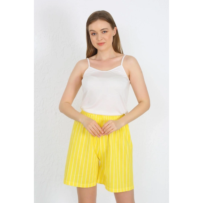 Moda Çizgi Kadın İp Askılı Pamuk Penye Şortlu Takım Sarı 3620
