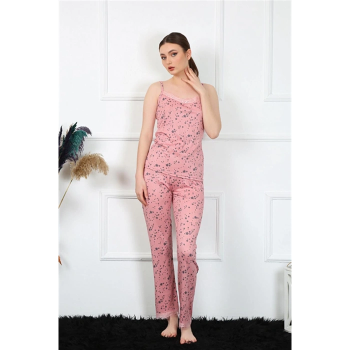 Moda Çizgi Kadın İp Askılı Pudra Pijama Takım 4137