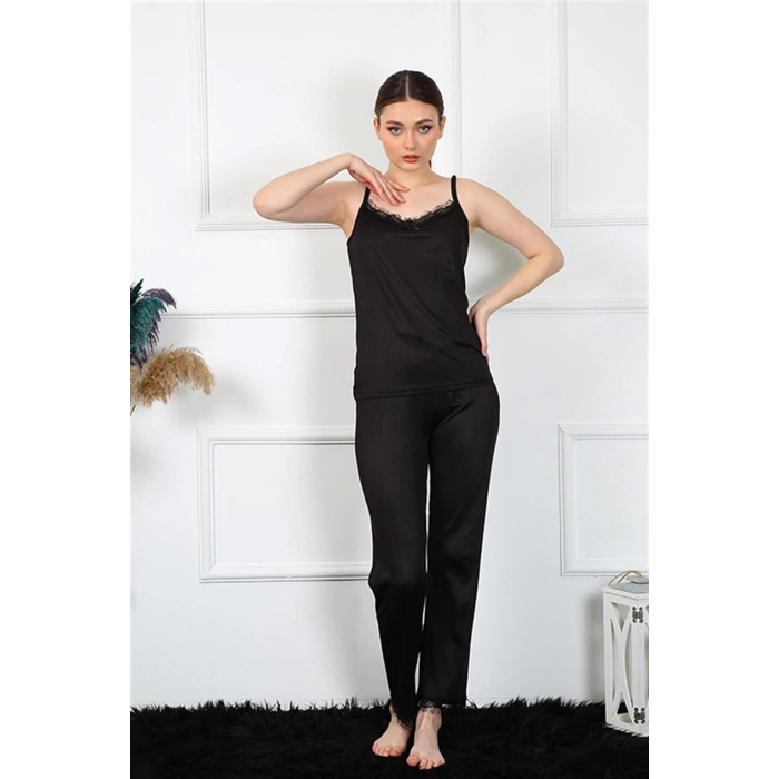 Moda Çizgi Kadın İp Askılı Siyah Pijama Takım 4136