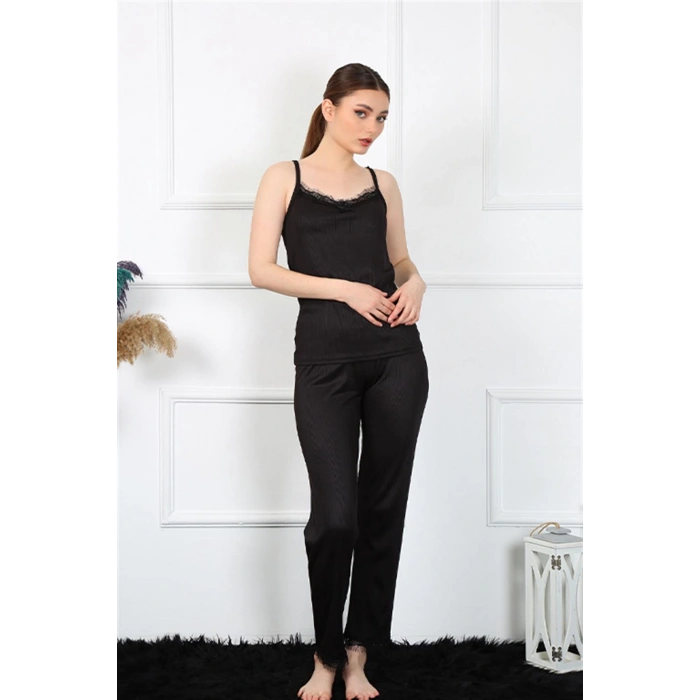 Moda Çizgi Kadın İp Askılı Siyah Pijama Takım 4136