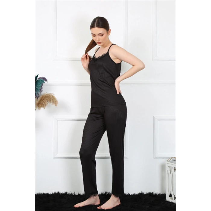 Moda Çizgi Kadın İp Askılı Siyah Pijama Takım 4136